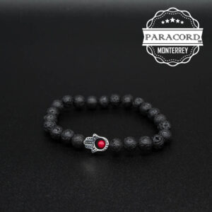 PULSERA VOLCANICA 8MM CON CUENTA MANO DE HAMSA DE ACERO INOX
