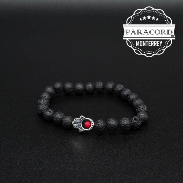 PULSERA VOLCANICA 8MM CON CUENTA MANO DE HAMSA DE ACERO INOX