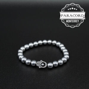 PULSERA HEMATITA 8MM CON CUENTA MANO DE HAMSA DE ACERO INOX