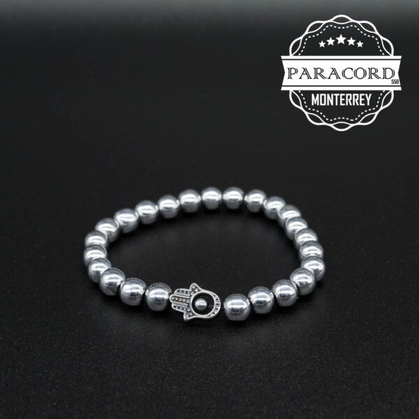 PULSERA HEMATITA 8MM CON CUENTA MANO DE HAMSA DE ACERO INOX