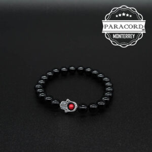 PULSERA ONIX 8MM CON CUENTA MANO DE HAMSA DE ACERO ONOX