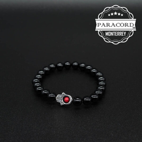 PULSERA ONIX 8MM CON CUENTA MANO DE HAMSA DE ACERO ONOX