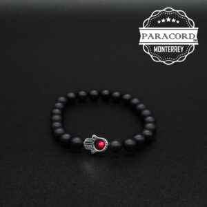 PULSERA ONIX MATE 8MM CON CUENTA DE MANO DE HAMSA DE ACERO INOX