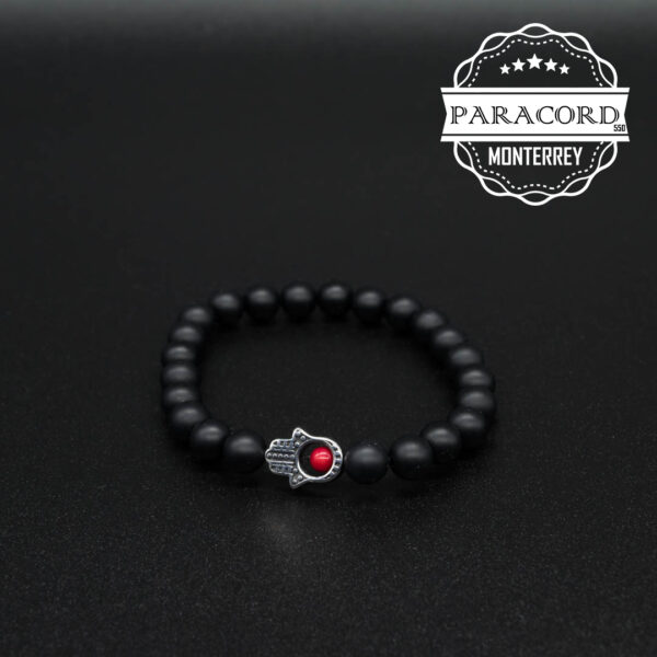 PULSERA ONIX MATE 8MM CON CUENTA DE MANO DE HAMSA DE ACERO INOX