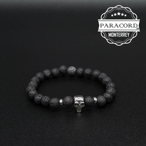 PULSERA VOLCANICA 8MM CON CUENTA DE CALAVERA DE ACERO INOX