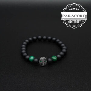 PULSERA ONIX MATE 8MM CON CUENTA DE LEOPARDO MICRO PAVE