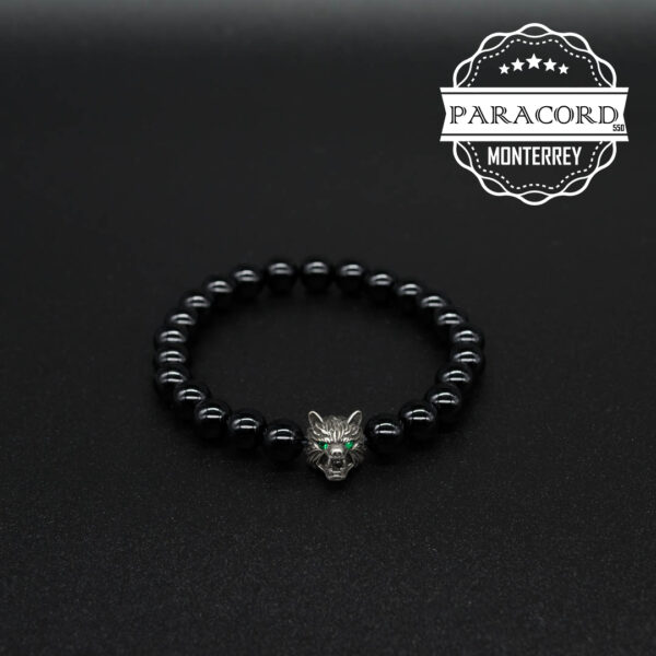 PULSERA ONIX 8MM CON CUENTA DE LOBO DE ALIACIÓN DE ZINC